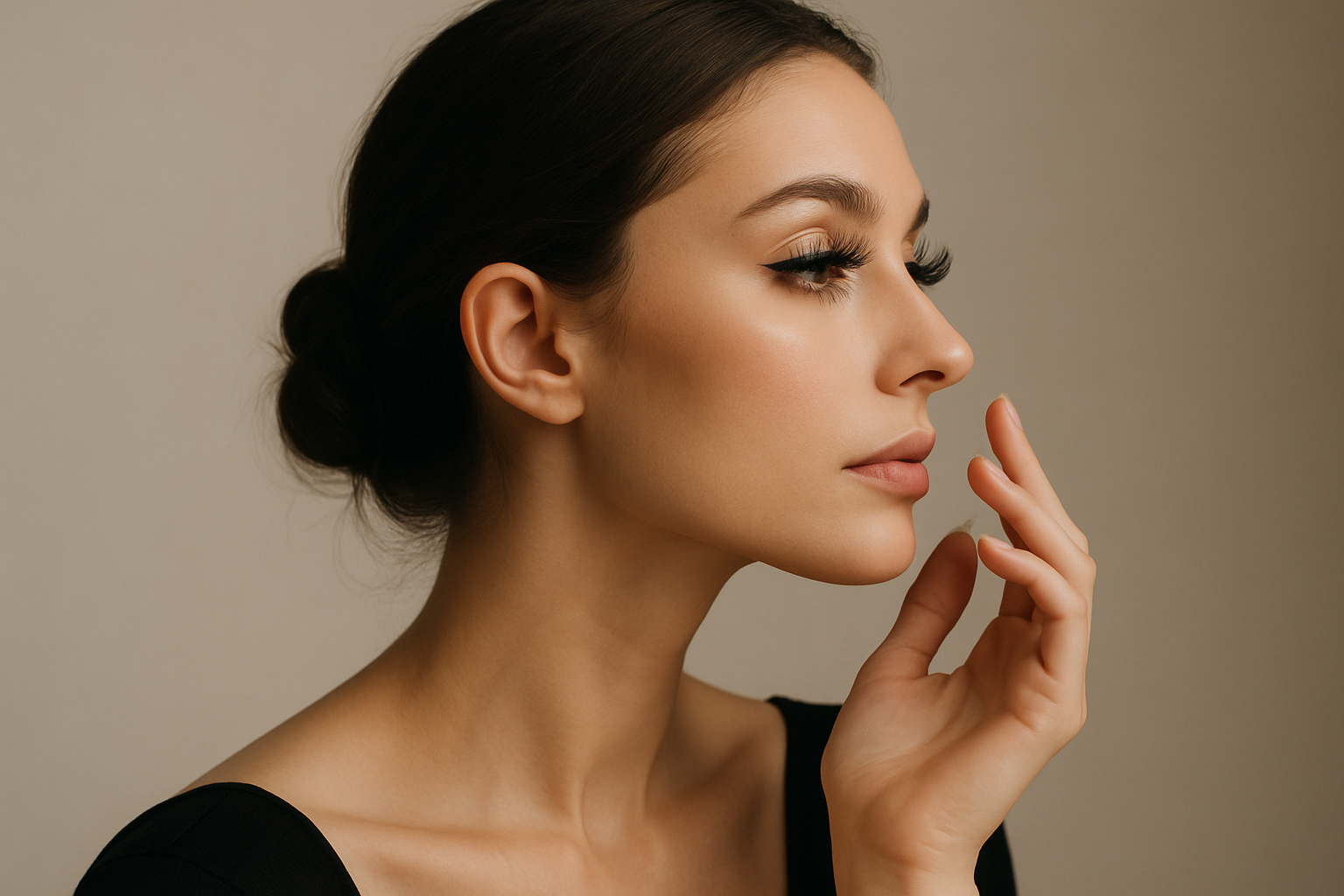 woman looking off to the side of the photo with a hand held up to her face. she has long eyelashes